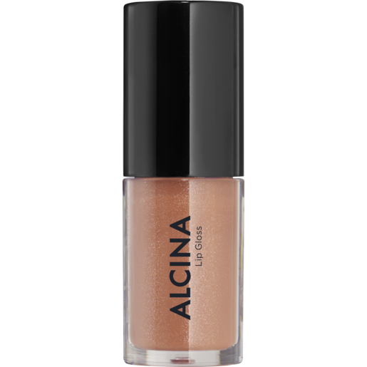 ALCINA Lip Gloss in der Farbe Teddy, warmer Nude-Ton mit feinem Schimmer im kompakten Glasflakon mit schwarzer Kappe für glänzende, gepflegte Lippen.
