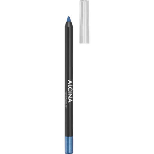 ALCINA Velvet Kajal Liner in Persian Blue mit abgenommener transparenter Kappe, schlanker schwarzer Stift mit leuchtend blauer Mine für einen intensiven Augenaufschlag.