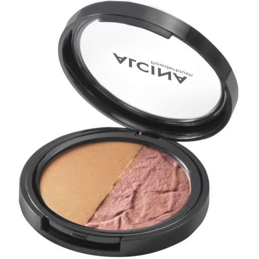 ALCINA Powderblush rosé-brown geöffnet, zweifarbiges Puder-Duo aus warmem Bronzer und zartem Rosé-Blush in schwarzer Kompaktdose.