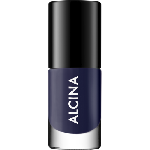 ALCINA Nail Color in Purple Grey, kräftiger Nagellack in einem tiefen Blau-Violett-Ton im kompakten Glasflakon mit schwarzer Kappe für ein ausdrucksstarkes Nageldesign.