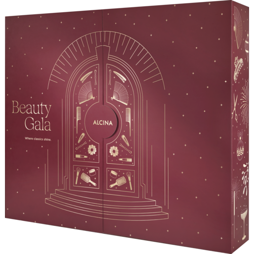 Weinroter Alcina Beauty Gala Adventskalender mit goldenen Tür- und Beauty-Illustrationen sowie dem Schriftzug „Beauty Gala – Where classics shine“.