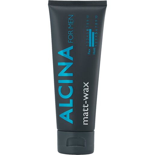 Dunkelgraue Tube „ALCINA For Men matt-wax“ mit türkisfarbener Schrift und Skala, Flexibilität 2 von 10 und Haltstärke 5 von 10.