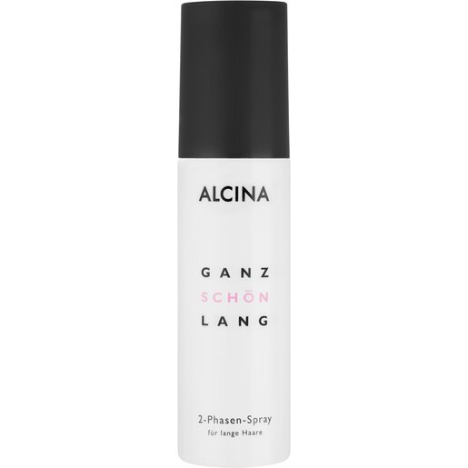 Weiße Alcina-Sprühflasche „Ganz schön lang“ mit schwarzem Deckel, schwarzer und rosafarbener Schrift „2-Phasen-Spray für lange Haare“.