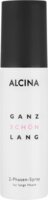 Weiße Alcina-Sprühflasche „Ganz schön lang“ mit schwarzem Deckel, schwarzer und rosafarbener Schrift „2-Phasen-Spray für lange Haare“.