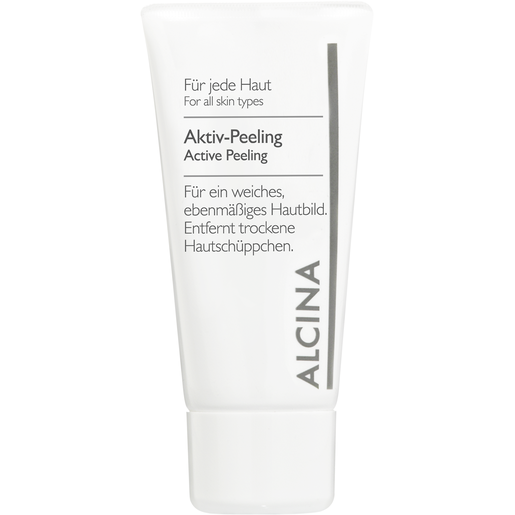 Weiße Alcina-Tube „Aktiv-Peeling – Active Peeling“ mit zweisprachigem Text „Für jede Haut / For all skin types“ und Pflegehinweis für ein weiches, ebenmäßiges Hautbild.