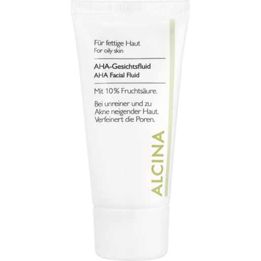Tube ALCINA AHA-Gesichtsfluid mit 10% Fruchtsäure für eine klare, feinere und glattere Haut in der Größe 50ml