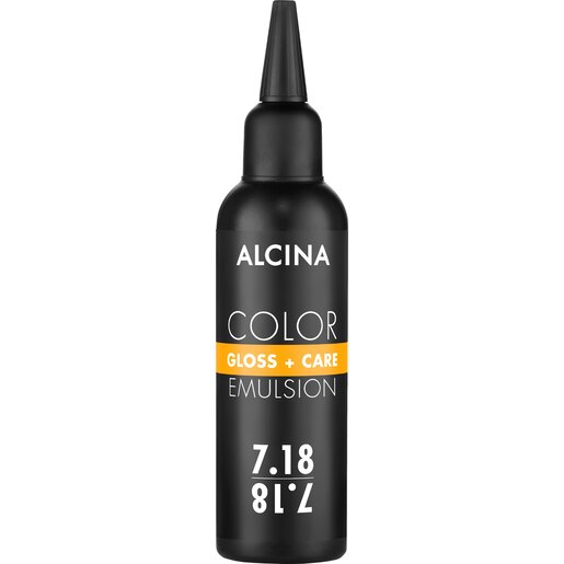 schwarze Applikatorflasche mit weißer Aufschrift ALCINA Color Gloss and Care Emulsion, Nuance 7.18 Mittelblond-Asch-Silber