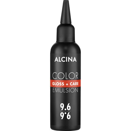  Schwarze Alcina-Flasche „Color Gloss + Care Emulsion 9.6/9%“ mit rotem Mittelband und spitzem Applikator-Aufsatz.