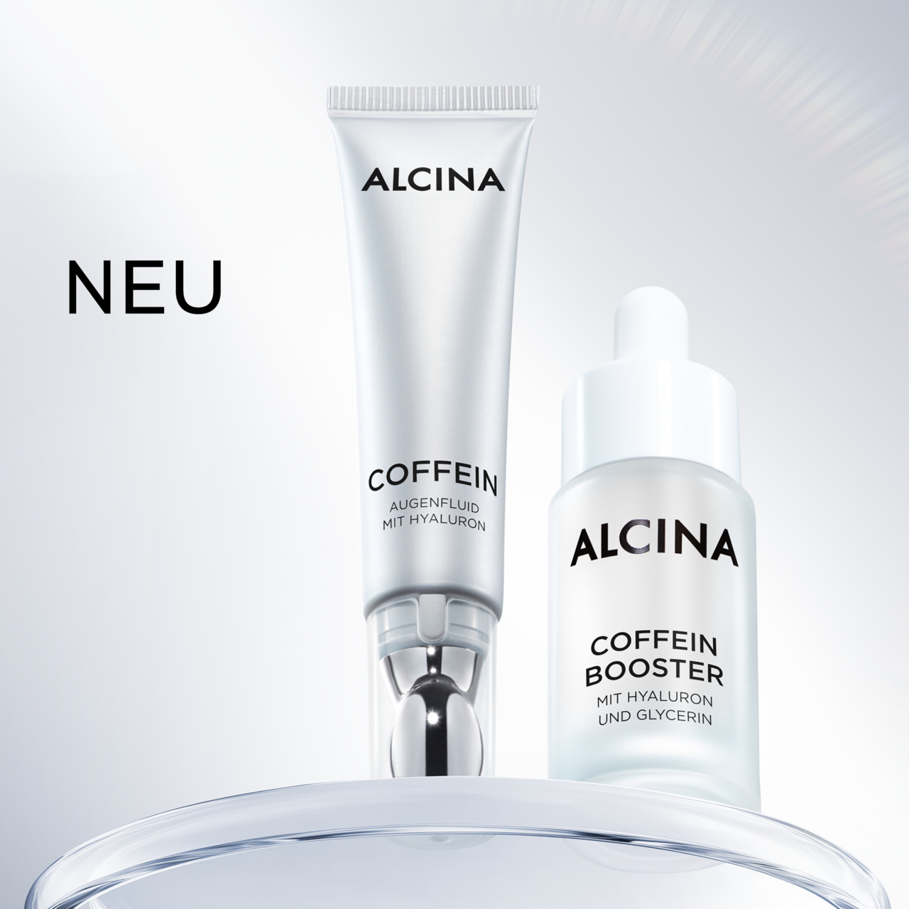 ALCINA Coffein Augenfluid und Booster Produktabbildung als Gruppenbild Tube Coffein Augenfluid und Glasflakon mit Pipette vom Coffein Booster