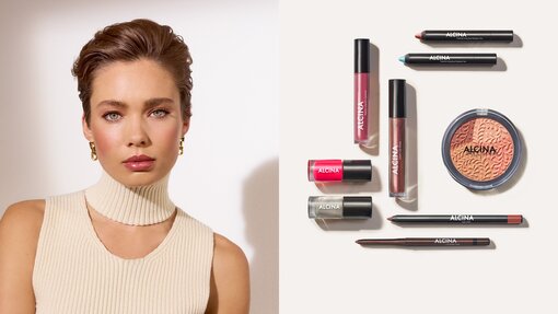ALCINA Make-up Trends Herbst/Winter 2025 Linke Bildhälfte eine junge Frau mit kurzem, gestyltem Haar und beigem Rollkragen-Top, rechte Bildhälfte verschiedene ALCINA Make-up Produkte, darunter Lippenstifte, Lipgloss, ein Lidschatten, Kajalstifte und Nagellack in herbstlichen und winterlichen Trendfarben.