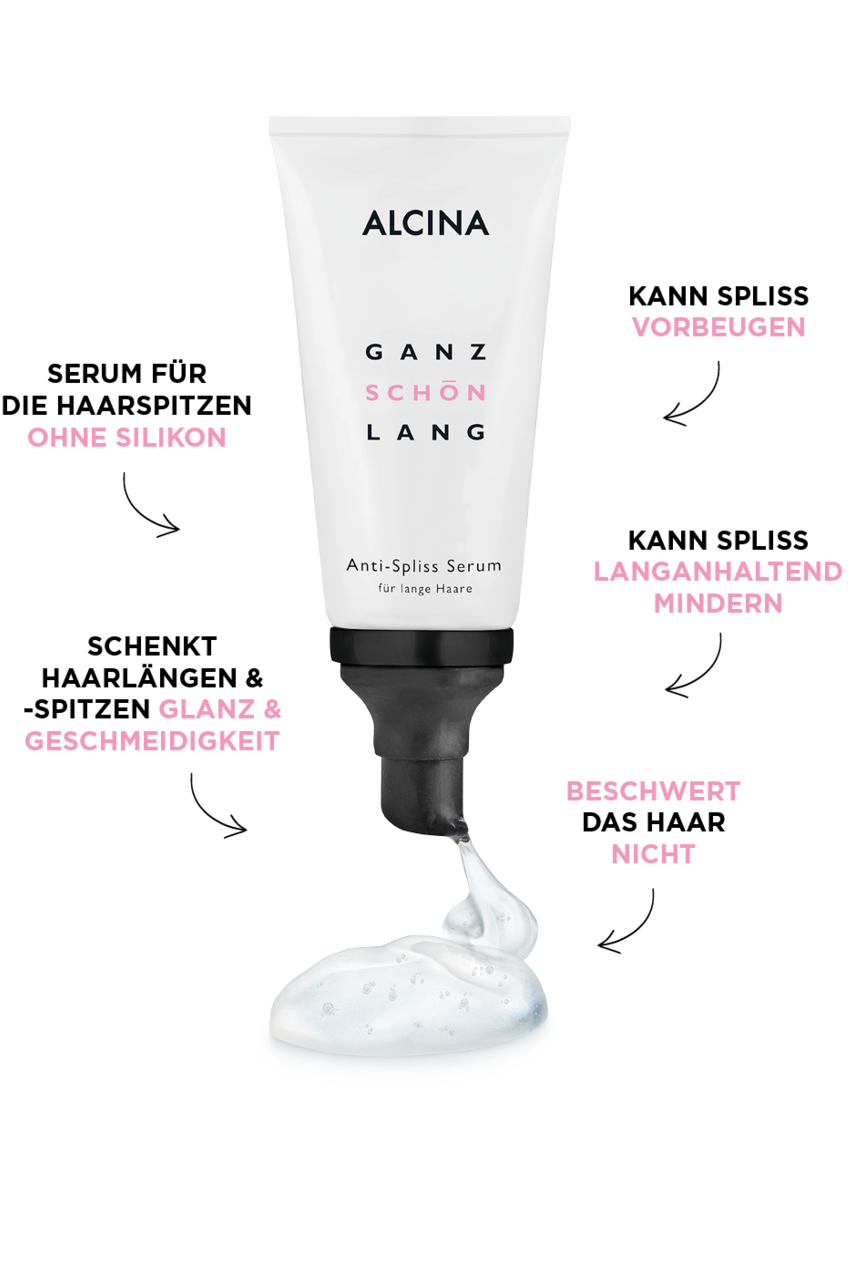 Lassen Sie sich von Spliss nicht stressen Tube ALCINA Anti-Spliss Serum dargestellt mit fünf Benefits des Produkts