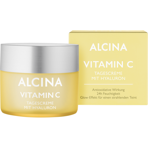 Tiegel und Faltverpackung ALCINA Vitamin C Tagescreme gegen frühzeitige Hautalterung in der Größe 50ml