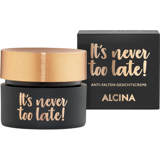 ALCINA It’s never too late Anti-Falten-Gesichtscreme Tiegel und Faltverpackung ALCINA It’s never too late Anti-Falten-Gesichtscreme schützt vor weiterer Hautalterung